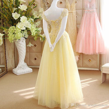 Yellow Tulle Off The Shoulder Lace Prom Dress HZ1023